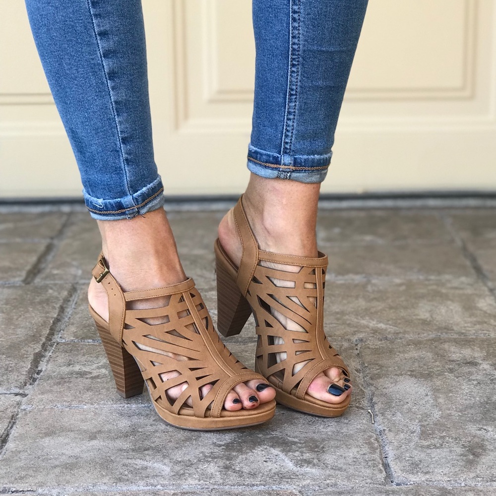 Tan Cut Out Low Stacked Heeled Sandals